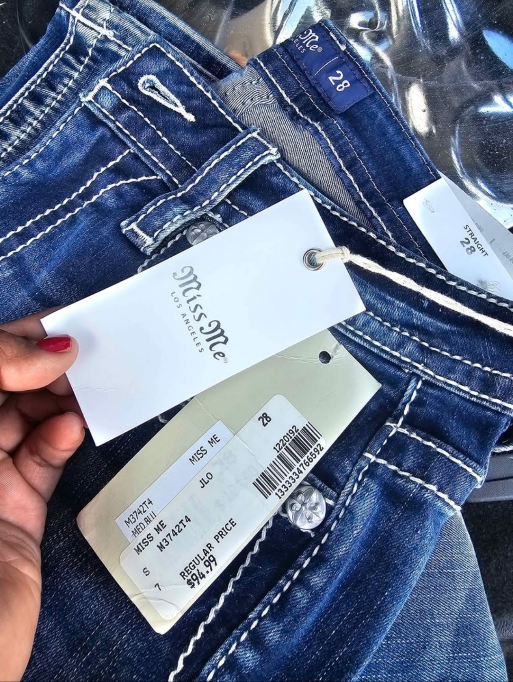 Miss Me Dark Indigo Straight Leg Jeans with White Contrast Stitching